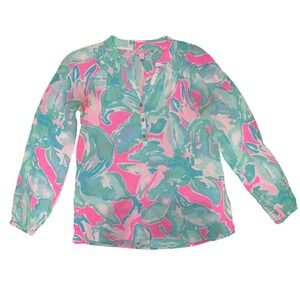 Lilly Pulitzer Elsa Silk Top Pink Teal Floral Abstract Blouse XXS Long Sleeve